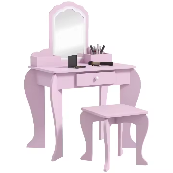 ZONEKIZ Tocador Infantil para Niñas y Niños de +3 Años Mesa de Maquillaje con Taburete y Espejo Tocador para Niñas con Cajón y Cajas de Almacenaje Forma de Nube Rosa - 1