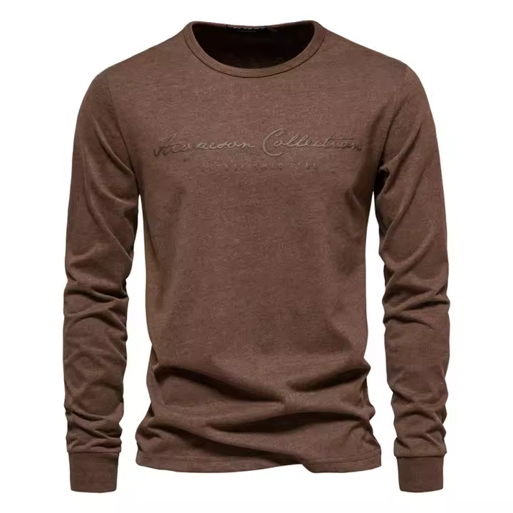 Nueva camiseta de manga larga de color sólido para hombre, talla europea, deportes casuales, cuello redondo, camisa de manga larga con estampado de letras de algodón puro - 1