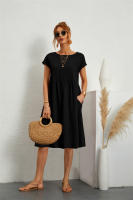 Vestido Casual Para Mujer Verano Estilo Vintage Color Sólido Comodidad Largo Rodilla Con Bolsillos O-Neck Blusa De Algodón Y Poliéster - details 4
