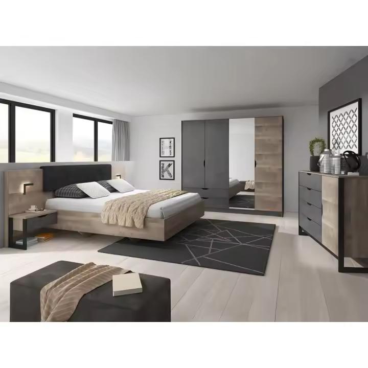 Vente-unique - Cama con mesas de noche 160 x 200 cm - Con LEDs - Natural y antracita - LAONILE - 1