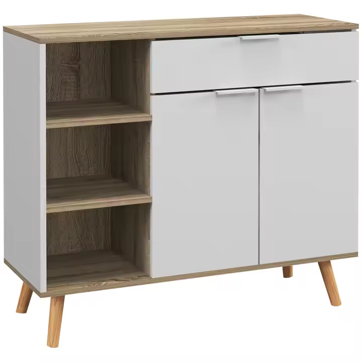 HOMCOM Aparador de Salón Moderno Aparador de Cocina con 1 Cajón 2 Puertas de Cierre Suave y Estantes Ajustables para Comedor Pasillo Dormitorio 95x35x85 cm Blanco y Natural - 1