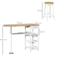 HOMCOM Set de Mesa de Bar con 1 Cajón 2 Estantes Cesta Extraíble y Botellero Juego de Muebles con Mesa Alta de 119x38,5x88,5 cm y 2 Taburetes de 29x29x55 cm para Comedor Cocina Blanco - details 2