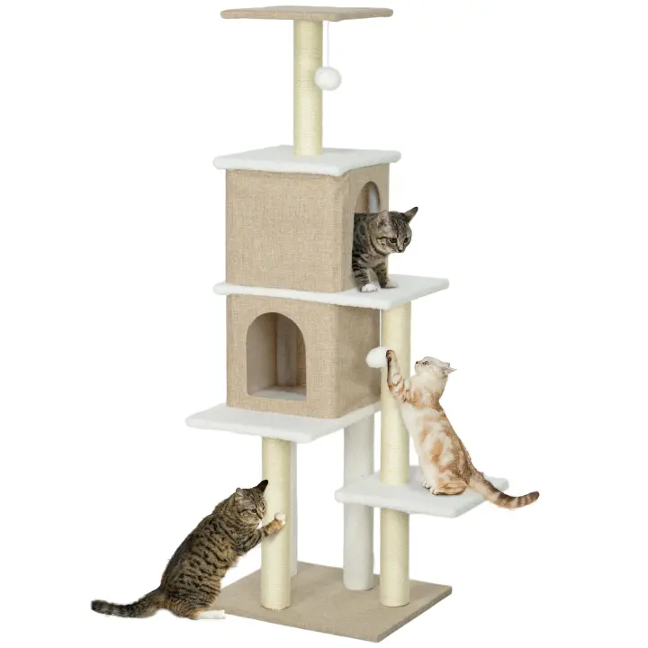 PawHut Árbol Rascador para Gatos de Borreguito Altura 140 cm Árbol para Gatos Torre para Gatos con 2 Nidos Plataformas Bolas Colgantes y Poste de Sisal Marrón Claro - 1