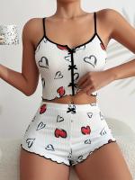 Conjunto De Pijama Para Mujer Con Estampado De Corazones Camiseta De Hombros Y Shorts De Verano Homewear Nocturna Sexy Y Cómoda - details 1