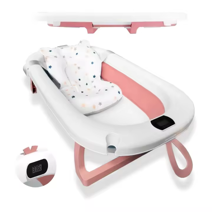 BATHBY Bañera Plegable Rosa para Bebés Recién Nacidos, con Cojín Reductor, Termómetro Integrado y Patas Antideslizantes, Compacta y Segura (Rosa pastel) - 1