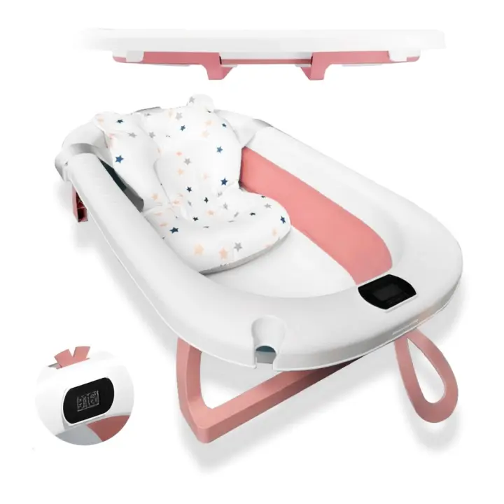 BATHBY Bañera Plegable Rosa para Bebés Recién Nacidos, con Cojín Reductor, Termómetro Integrado y Patas Antideslizantes, Compacta y Segura (Rosa pastel) - 1