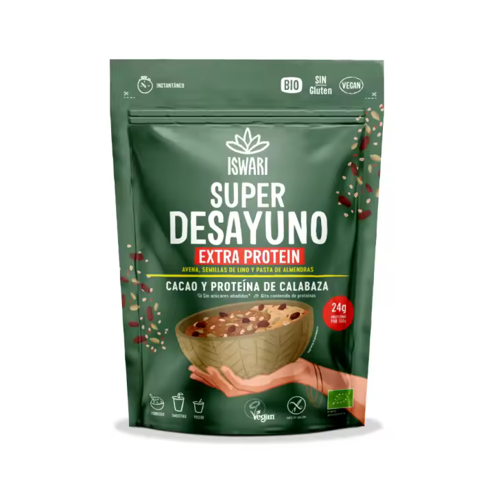 Super Desayuno Extra Protein, Cacao y Proteína de Calabaza Vegano y Sin Gluten – 360g - Iswari - 1