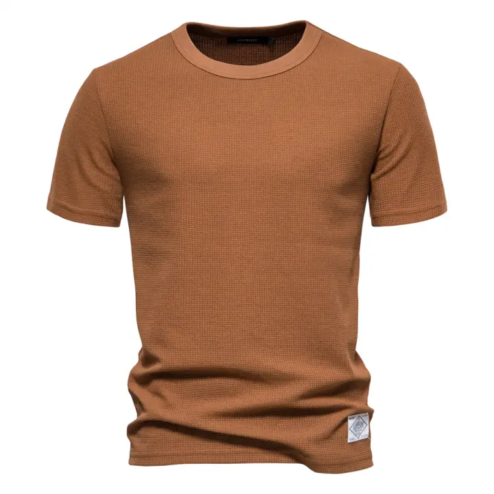 Camiseta De Manga Corta Para Hombre AIOPESON Color Sólido Estilo Casual Tejido En Rayas Veraniego Moda Diseño De Alta Calidad - 1