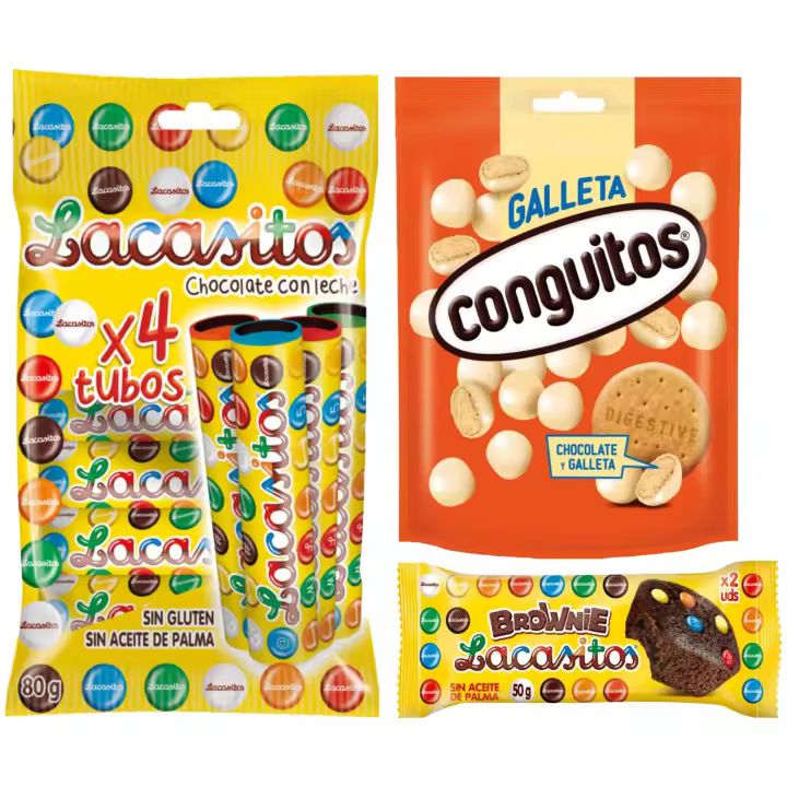 Pack Lacasitos 4 tubos 20 g,Conguitos galleta blanco doyp 120g,Lacasitos brownie 50g - 1