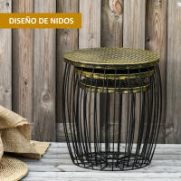 Outsunny Juego de 3 Mesas de Jardín Apilables Mesas Auxiliares de Jardín Redondas de Estilo Industrial con Marco Metálico y Encimera Imitación Ratán para Balcón Terraza Patio Negro - details 3