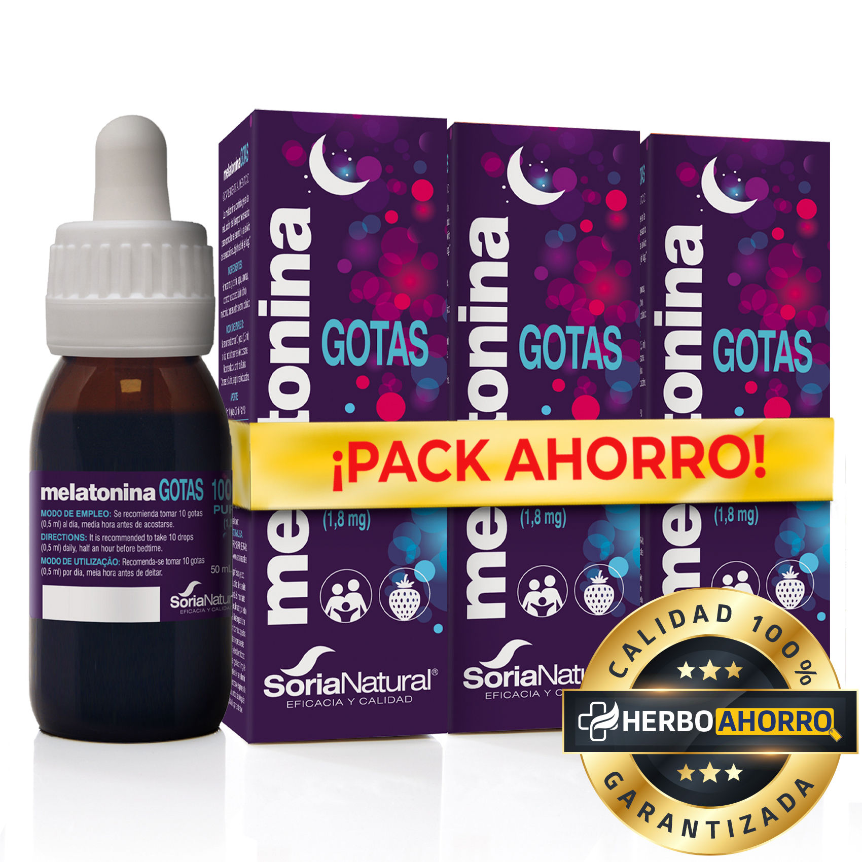 Soria Natural Melatonina Pura Gotas 1.8 mg - Sueño Profundo y Reparador - 100% Pura - Melatonina para Dormir, 50 ml PACK 3 - Antioxidante - Sin Tragos Amargos - Apto para Niños - Insomnio, descanso reparador, dormir profundo melatonin sueño vitaminas