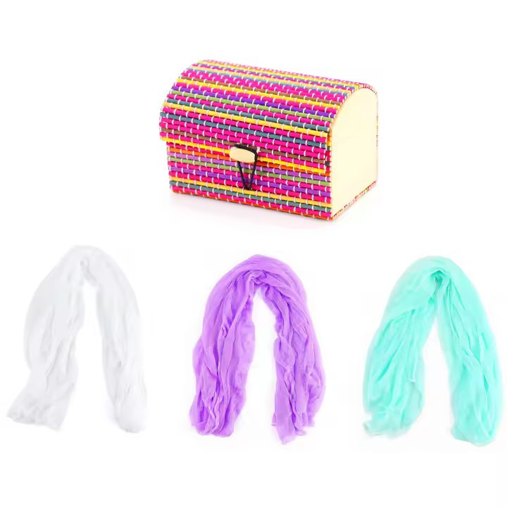 Pack de 3 a 30 unidades de baúl con pañuelo, 4 colores, Surtido, caja mimbre, Pañuelo de tela colores, Detalles para invitados de comunión, Detalles de bautizo para invitados, Regalos de boda,  Detalles para invitados, Regalantes.com - 1