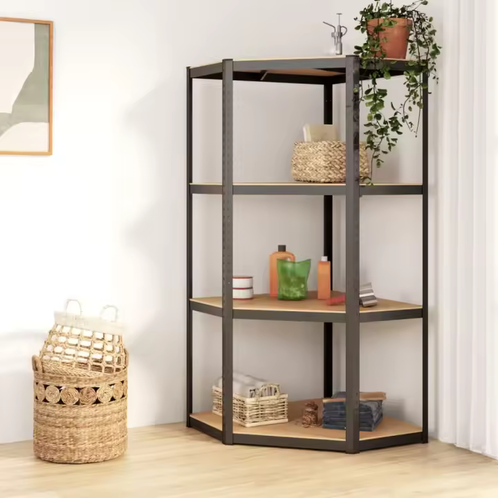 vidaXL Estantería de esquina 4 niveles madera y acero gris antracita - 1