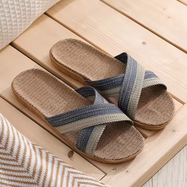 Zapatillas De Hombre Para Interior Y Playa Con Tela De Lino Zapatos Planos Abiertos Y Cordones De Goma Estilo Conciso Para Verano - 1