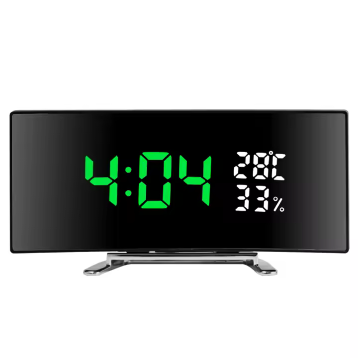Reloj De Alarma Multifuncional Con Pantalla Curva LED Espejo Mostrador De Tiempo Temperatura Y Humedad DC De Inserción - 1
