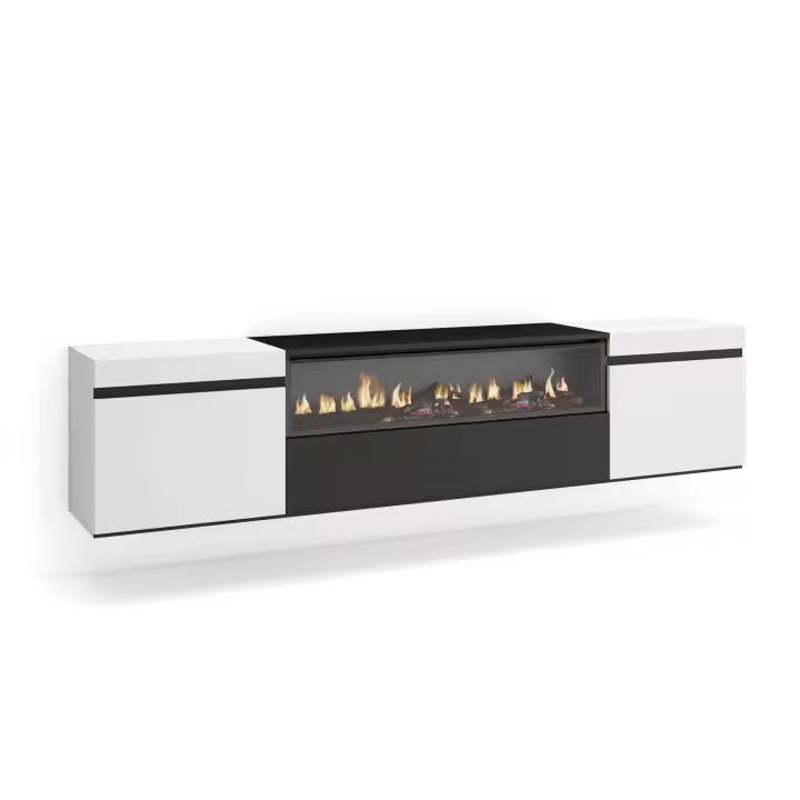 Skraut Home - Mueble de Televisión en melamina de alta calidad - 203x35x45cm - Fuego led efecto 3d - Veteado de madera - Tacto poroso - Estilo Moderno Elegante - 1