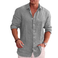 Camisa De Manga Larga Para Hombre Talla Grande Estilo Casual De Algodón Y Lino Color Sólido Camisa De Otoño Popular - details 1