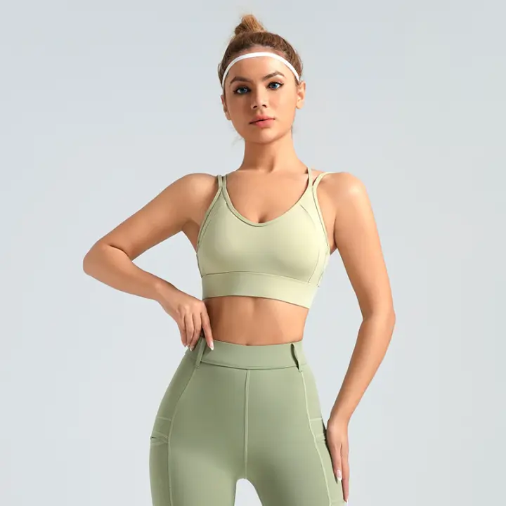 Sujetador deportivo con espalda cruzada, tirantes dobles, push-up, botón trasero, sujetador de yoga push-up - 1
