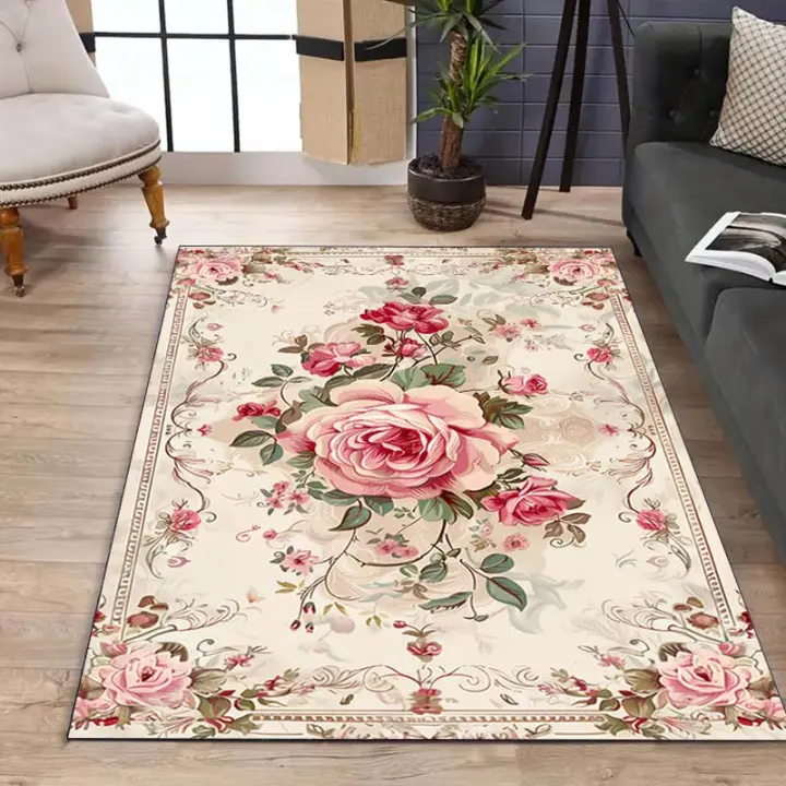 Alfombra De Piso Lavable Máquina Con Estampado Floral Vintage Lujo Antideslizante Para Sala De Estar Dormitorio Oficina Decoración Alfombra Moderna De Poliéster 100% - 1