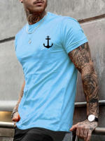 Camiseta De Algodón 100% Para Hombre Con Patrón De Ancla Casual Deportiva Ajustada Con Mangas Cortas Cuello Redondo - details 5