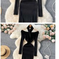 Vestido Largo Elegante De Otoño Invierno Para Mujer Con Cuello Haltera Y Cintura Ajustada Vestido Bodycon Coreano Para Oficina Vestidos De Suéter - details 4