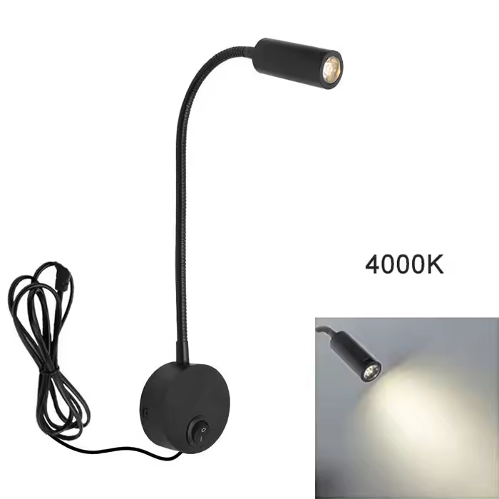 Lámpara Led de pared con Cuello de CISne, Luz con cable Flexible de 3 vatios, candelabra, iluminación para dormitorio, Lectura y baño, Colour Blanco y Negro - 1