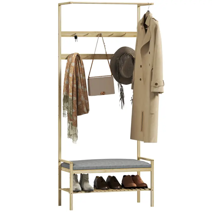 HOMCOM Perchero Zapatero Perchero Entrada Recibidor con 10 Ganchos Banco Zapatero Barra Superior y Compartimento para Pasillo Dormitorio 73,5x34x171 cm Natural - 1