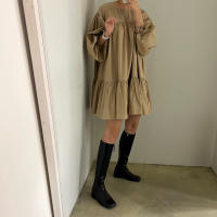 Vestido A-Line Vintage De REALEFT Para Mujer Con Manga Puff Cuello O High Waist Casual Patchwork Estilo Vintage Mini - details 20