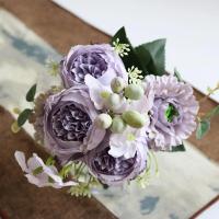 1 Bouquet De Flores Artificiales Moradas Peonía Y Rosas Para Decoración De Bodas Y Salón De Estilo Otoño Material Seda - details 2