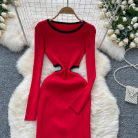 Vestido De Punto Para Mujer REALEFT Otoño Invierno Con Abertura Lateral Y Cuello Redondo Manga Larga Solido Vestido Recto De Oficina - details 22
