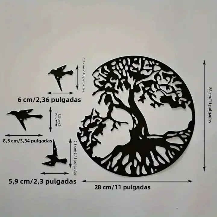 Arte De Pared De Hierro Silueta De Árbol De La Vida Y Tres Pequeñas Golondrinas 11x11 Pulgadas Decoración Para Pared Estilosa - 1