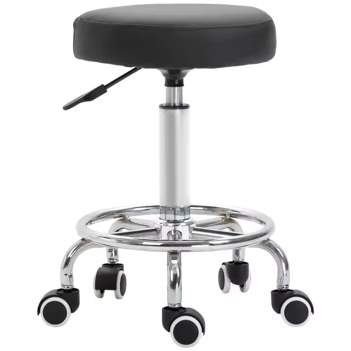 Vinsetto Taburete con Ruedas Taburete de Trabajo Regulable en Altura con Anillo de Pie, Taburete de Salón Giratorio Taburete Giratorio con Ruedas Piel Sintética Negro Ø42 x 50-64 cm - 1