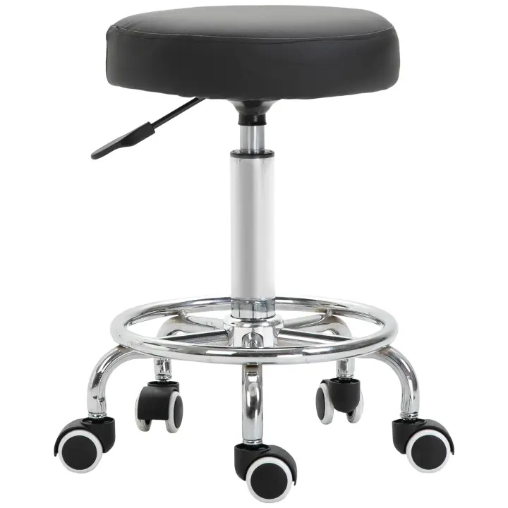 Vinsetto Taburete con Ruedas Taburete de Trabajo Regulable en Altura con Anillo de Pie, Taburete de Salón Giratorio Taburete Giratorio con Ruedas Piel Sintética Negro Ø42 x 50-64 cm - 1