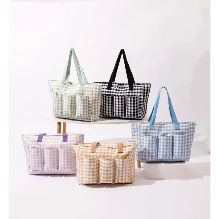 J.S ONDO BOLSO DE PLAYA ESTAMPADO VICHY Mujer CON 3 BOLSILLOS, Bolsa Playa Grande Familiar con Cremallera, Bolso Verano Mujer para Compras Viajes - 1