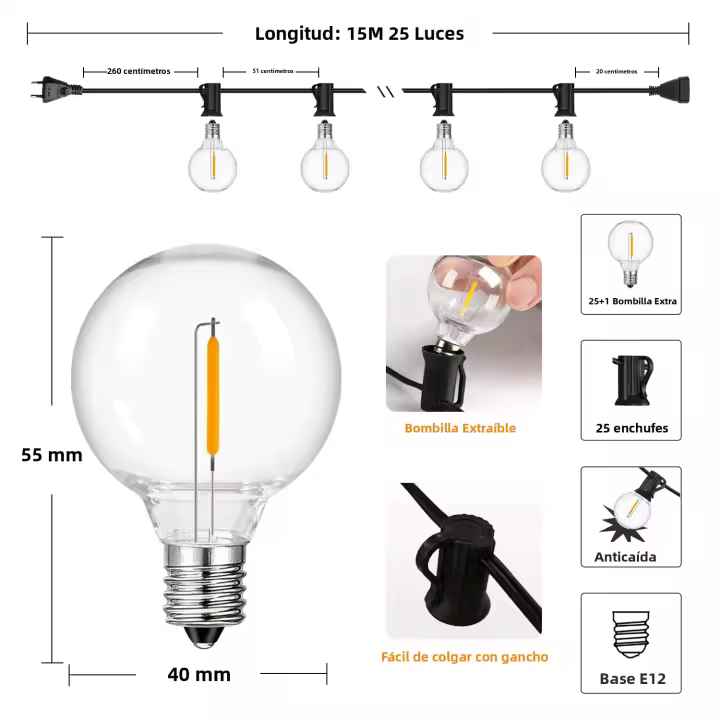 Luces De Garland G40 Para Exteriores Resistentes Al Choque Y Impermeables Bombillas LED De Plástico Vintage Conectables Decoración Para Patio Y Fiesta - 1