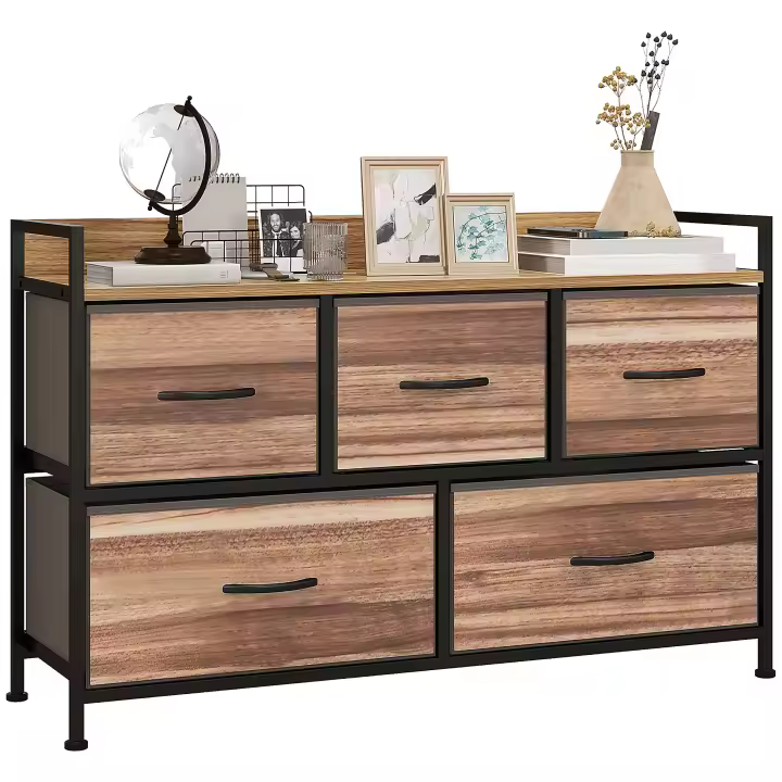 HOMCOM Cómoda Mueble de almacenaje 5 cajones en Tela 98 x 29 x 63 cm Estructura de acero negro - 1