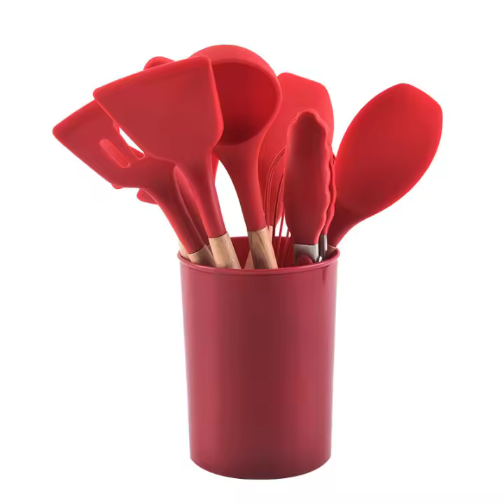 Set de 12 Utensilios de Cocina de Silicona  with Mango de Madera - Antiadherentes, Faciles de Limpiar - Herramientas Esenciales de Cocina para Hornear y Cocinar - 1