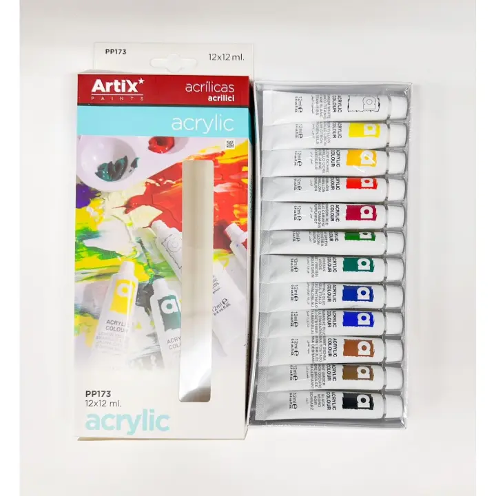 MP-ARTIX PAINTS, Set de Pinturas Acrílicas, 12 tubos de 12 ml, 12 Piezas, No Tóxico, Colores Surtidos, Secado Rápido, Resistencia al Agua, Uso en Varios Materiales, Manualidades, Decoración - 1