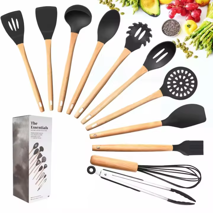 Juego de 11 Utensilios de Cocina de Silicona utensilios antiadherentes con mango de madera, pala, espátula, batidores de huevos, caja de almacenamiento, utensilios para hornear saludables, 12 piezas - 1
