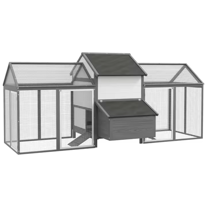 PawHut Gallinero de Madera Gallinero con Caja Nido Gallinero con Rampa para Pollos Parque Doble con Bandeja Gris 247 x 125 x 113,5 cm - 1