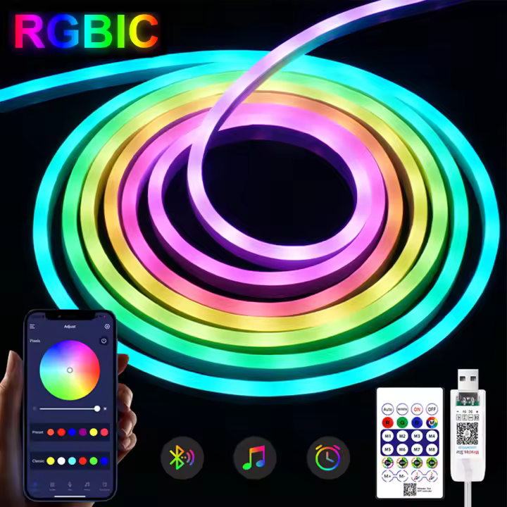 Tira De LED Neón RGBIC 5V USB IP65 Con Bluetooth Y Control Remoto Para Decoración DIY Iluminación SMD 48 LEDs/watt 50000horas De Vida Útil - 1