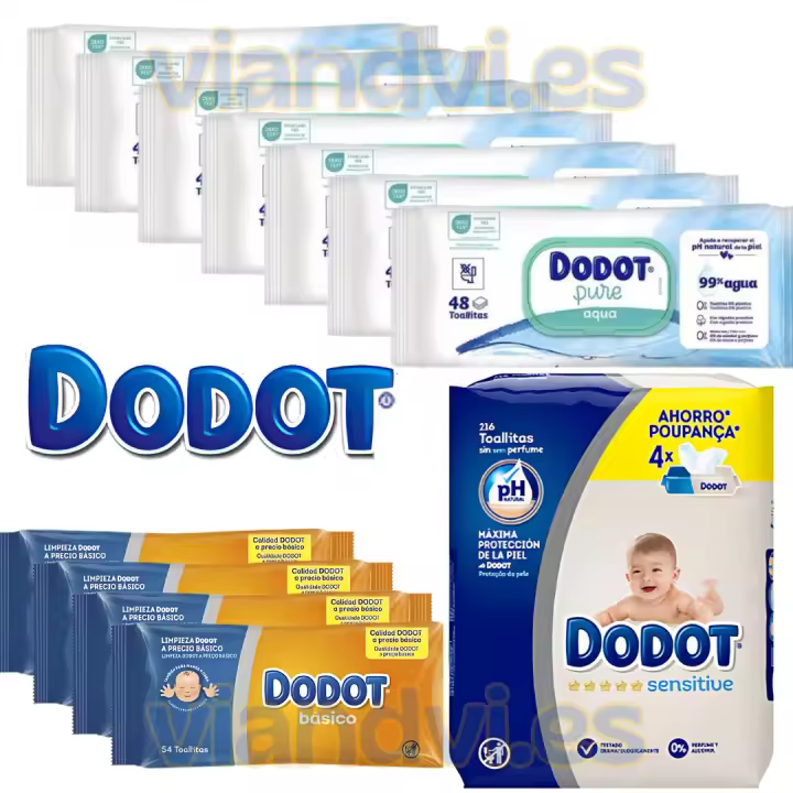 Dodot Lote mixto toallitas - Básico + Aqua Pure + Sensitive - 7x48 Dodot Aqua Pure + 4x54 Dodot Sensitive + 4x54 Dodot Básico - Tu packs variado de toallitas Dodot perfecto. - 1