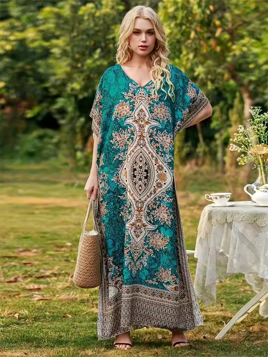 Vestido Largo Sin Mangas Para Mujer Estampado De Playa Casual Y Suelto Con Cuello En V Vestido De Vacaciones De Verano De Talla Única - 1