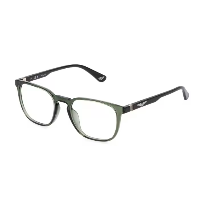 MONTURA UNISEX POLICE ORIGINS LITE 33 VPLQ67 0V51 52-19  Montura Acetato Verde Brillo   Logo Plata   Forma Cuadrada  Borde completo  - 1