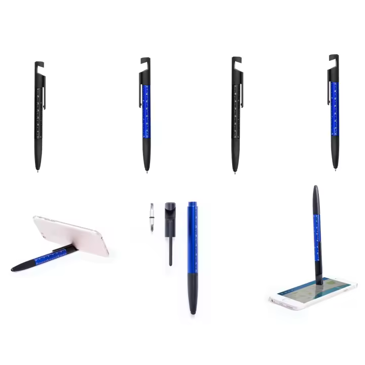 Lote de 20 Bolígrafos multifunción 7 en 1 de mecanismo giratorio color surtido negro y azul con soporte para dispositivo móvil, puntero, limpiador de pantalla, regla integrada en cuerpo cm y pulgadas-, destornilladores de punta plana y estrella tinta azul - 1