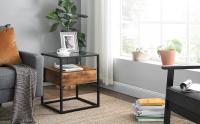 VASAGLE Mesa Auxiliar de Estilo Industrial, Mesa de Consola de Cristal Templado con Cajón y Repisa Rústica, Mesita de Noche, Decoración en el Salón, Marco de Acero, Marrón Rústico y Negro - details 1