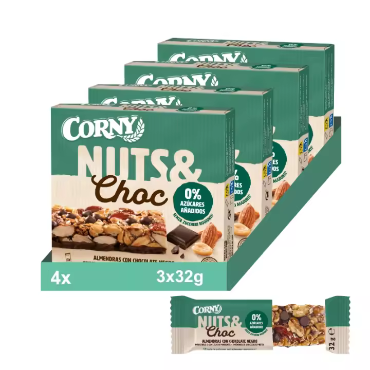 CORNY Barritas Nuts&Choc de Almendras, Cacahuete y Chocolate. Sin Azúcares Añadidos. 4 Packs de 3x32gr - 1