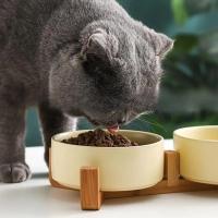 Alfombra De Madera Para Perros Y Gatos Con Cuenco Doble De Cerámica Integrado Basin Para Comer Y Beber Protección Para Cuello De Pequeños Animales Anti-Derrame Feeder - details 0