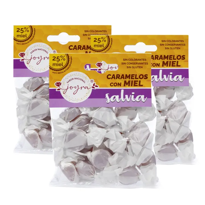 ARTE SABOR Pack de 3 paquetes de Caramelos de miel con salvia, 100gr. Con miel cruda y hechos con ingredientes 100% naturales. 10x5x14 Cm. - 1
