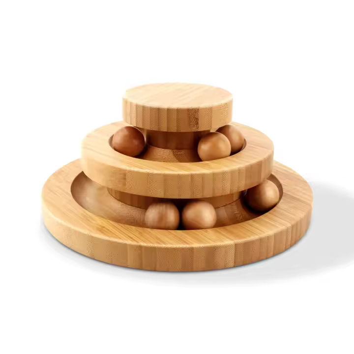 Torre de Pistas de 2 Grados, Juguetón de bola de Juguetes para Gatos, Bola de Pista inteligente giratoria de dos Capas, Regalos (Bambú) - 1